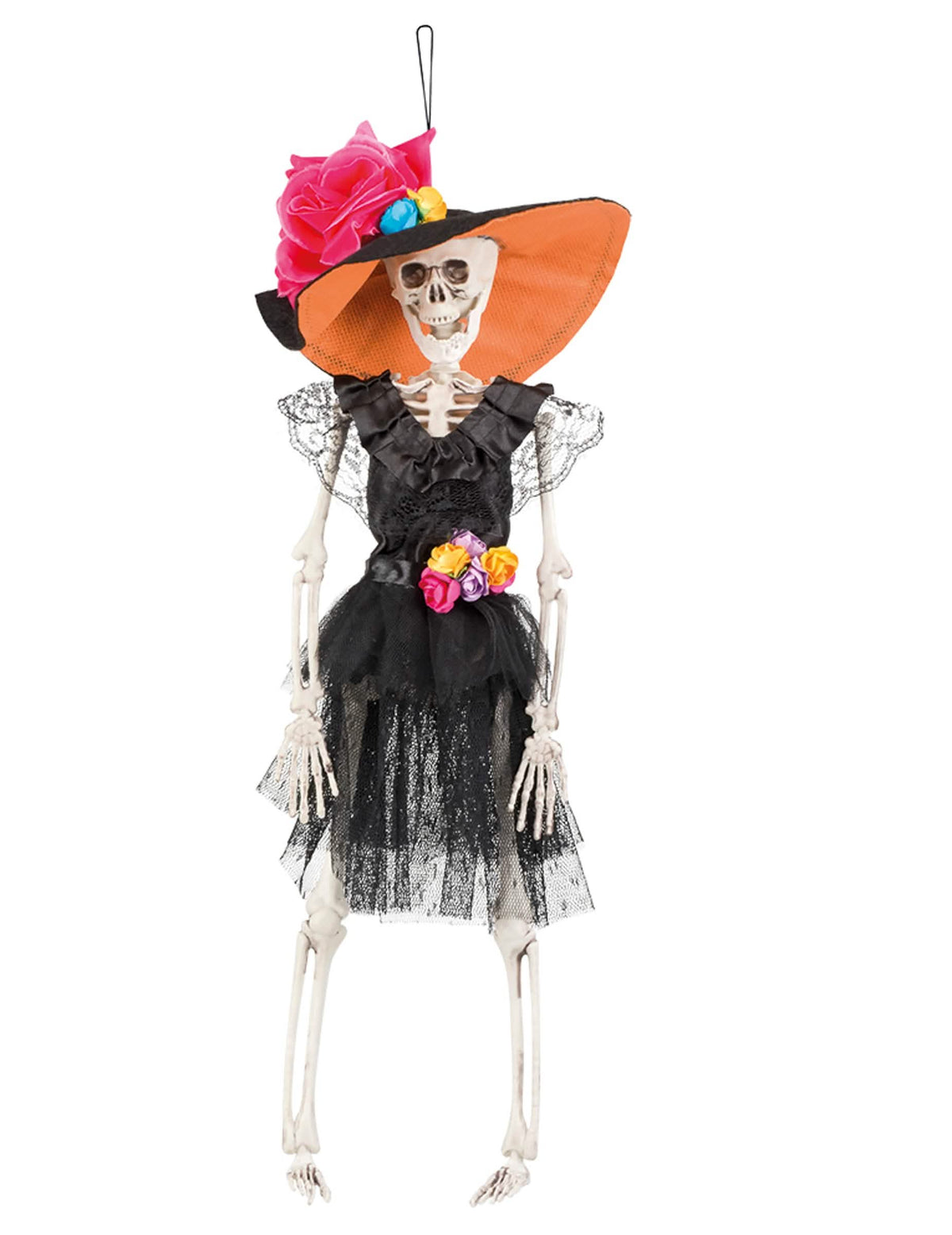 Obesek za dekoracijo mehiške neveste za Dia de los muertos, črn s oranžnim klobukom in barvitimi rožami