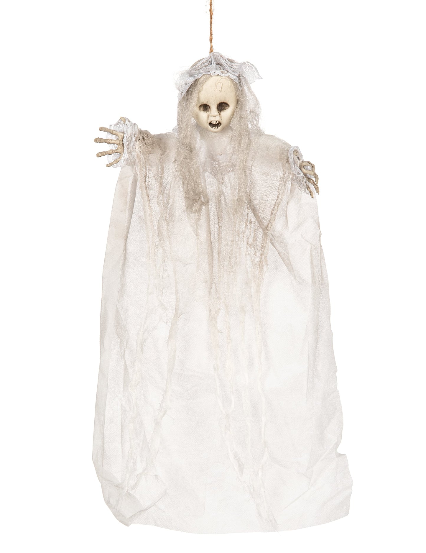 Décoration à suspendre poupon fantôme pour Halloween blanche avec dentelle et voilage