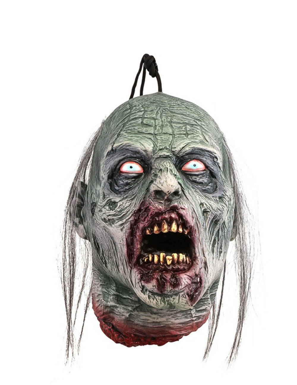 Décoration à suspendre tête de zombie pour Halloween grise avec bouche ensanglantée