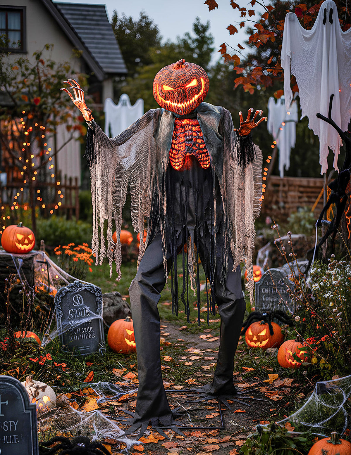 Décoration animée Citrouille démoniaque pour Halloween orange et noire avec mouvements et lumières