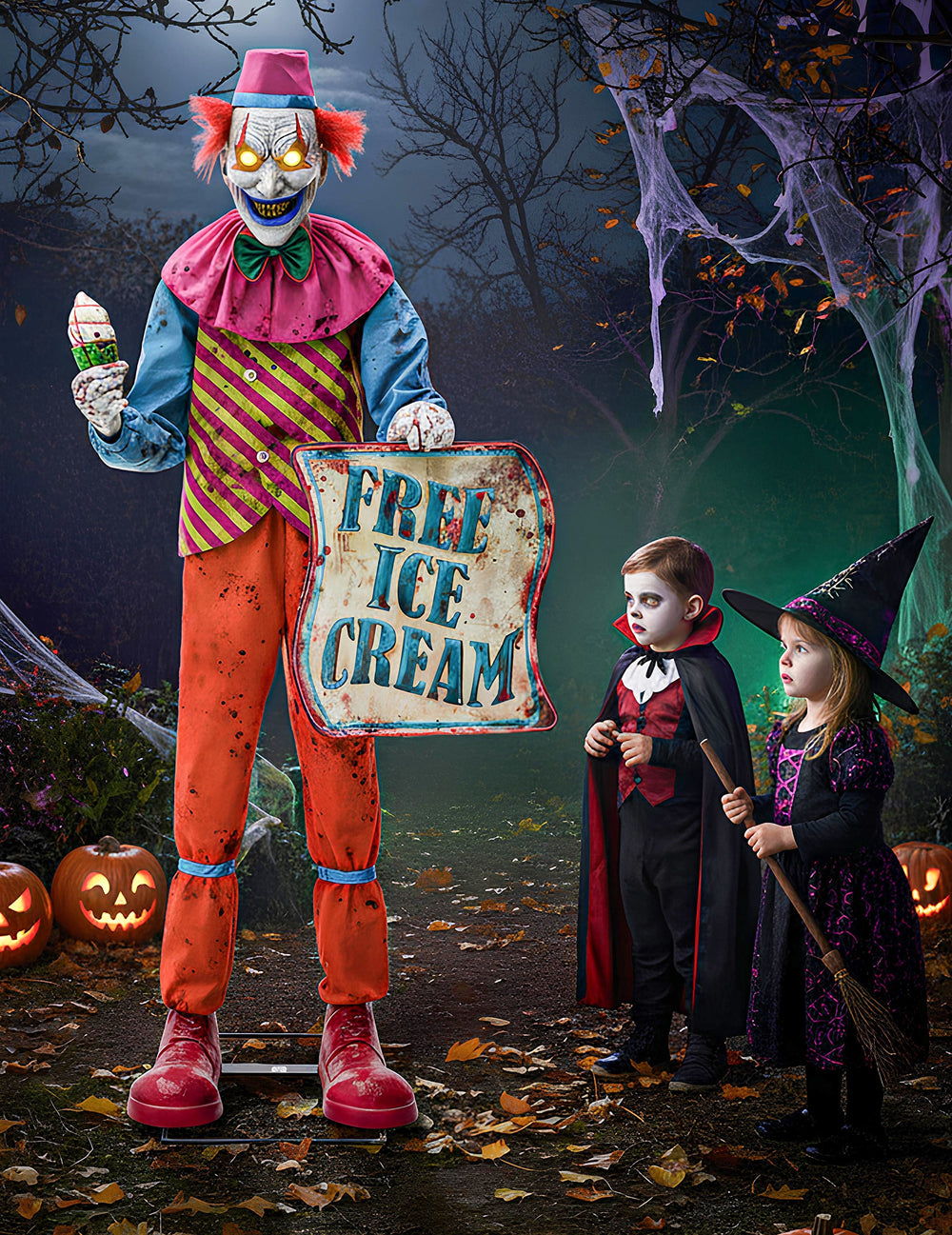 Décoration animée Clown Terrifiant pour Halloween avec son et lumières et panneau Free Ice Cream