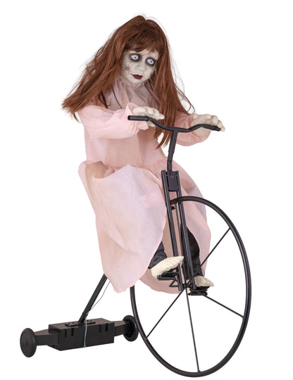 animirana dekoracija: deklica obsedena na kolesu za halloween, roza obleka z gibanjem