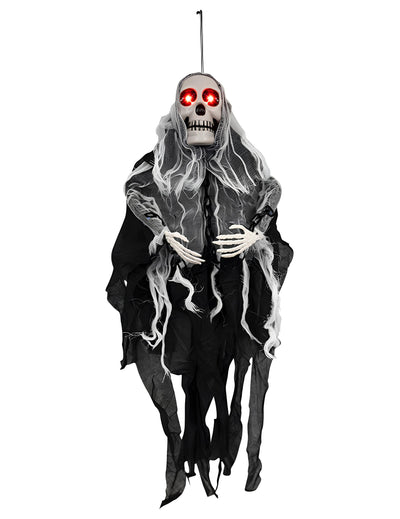 Décoration animée suspendue ghoul hantée pour Halloween noire et blanche avec yeux rouges lumineux