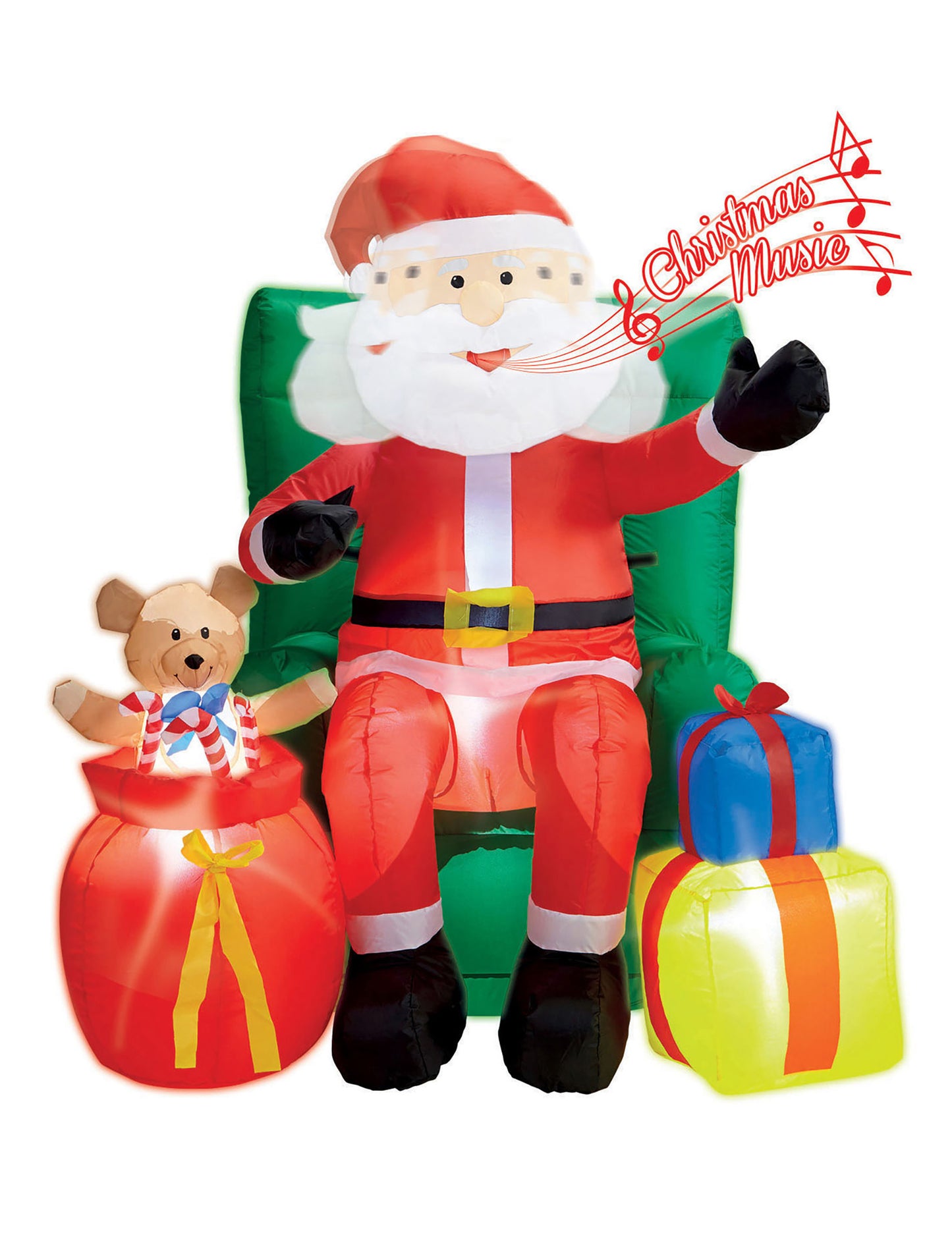 Napihljiva animirana dekoracija Božiček, ki sedi z darili 122 cm 