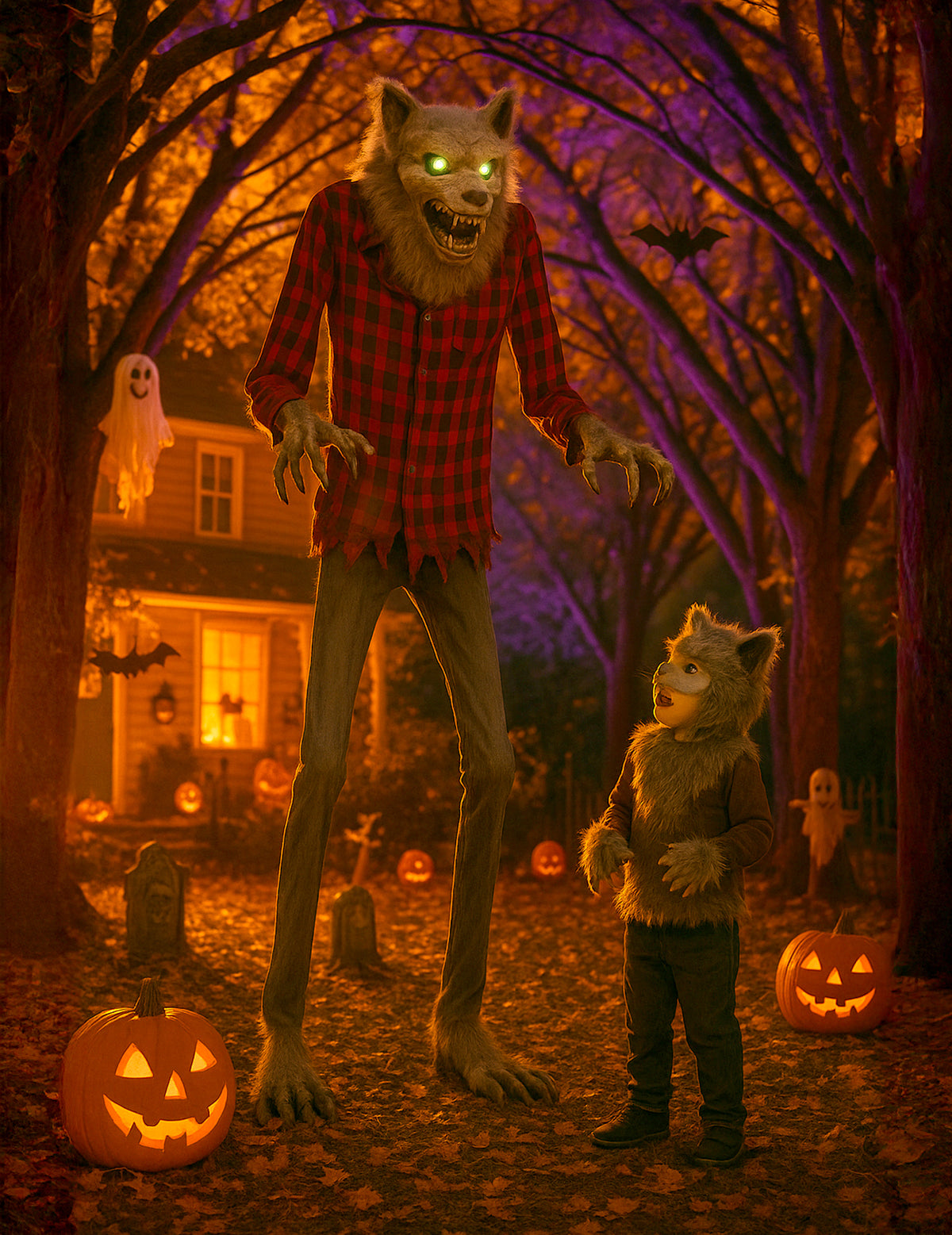 Décoration animée homme-loup enragé pour Halloween avec chemise à carreaux rouge et yeux lumineux