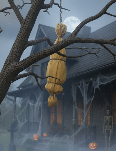 Décoration animée momie suspendue pour Halloween beige en tissu