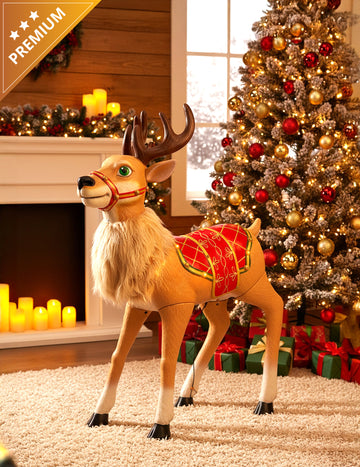 Décoration animée Renne fantaisiste de Noël marron avec selle rouge et dorée