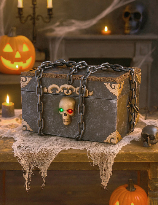 Décoration animée sonore et lumineuse Coffre de Pirate Horreur pour Halloween gris avec chaînes et crâne
