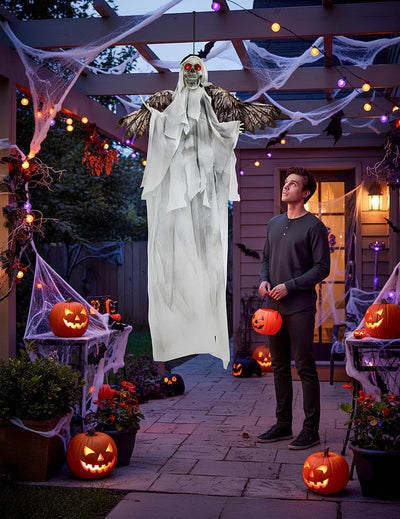 Décoration animée squelette d'ange maléfique suspendu pour Halloween blanc avec ailes noires et yeux rouges