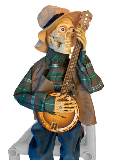 Animirana dekoracija strašljivega skeletnega glasbenika, ki igra banjo, z zvoki in gibi, 31 x 27 x 98 cm