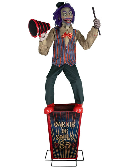 Décoration animée squelette parlant pour Halloween avec mégaphone et boîte Carnie of Souls