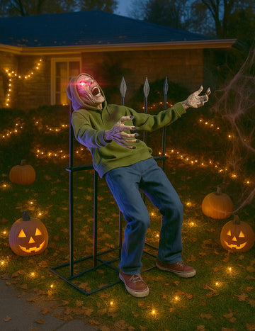 Animirana dekoracija zombija nabodenega na steblo z zvočnimi in svetlobnimi učinki 140 cm