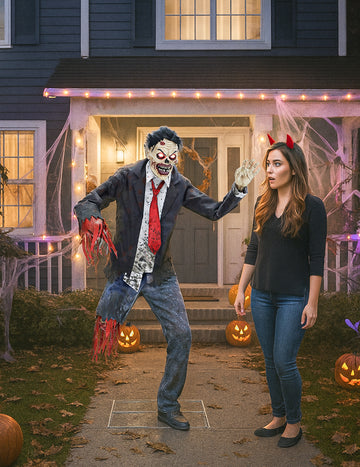 Animirana dekoracija zlomljenega zombija z zgibnimi rokami, zvokom in lučmi, 1,8 m