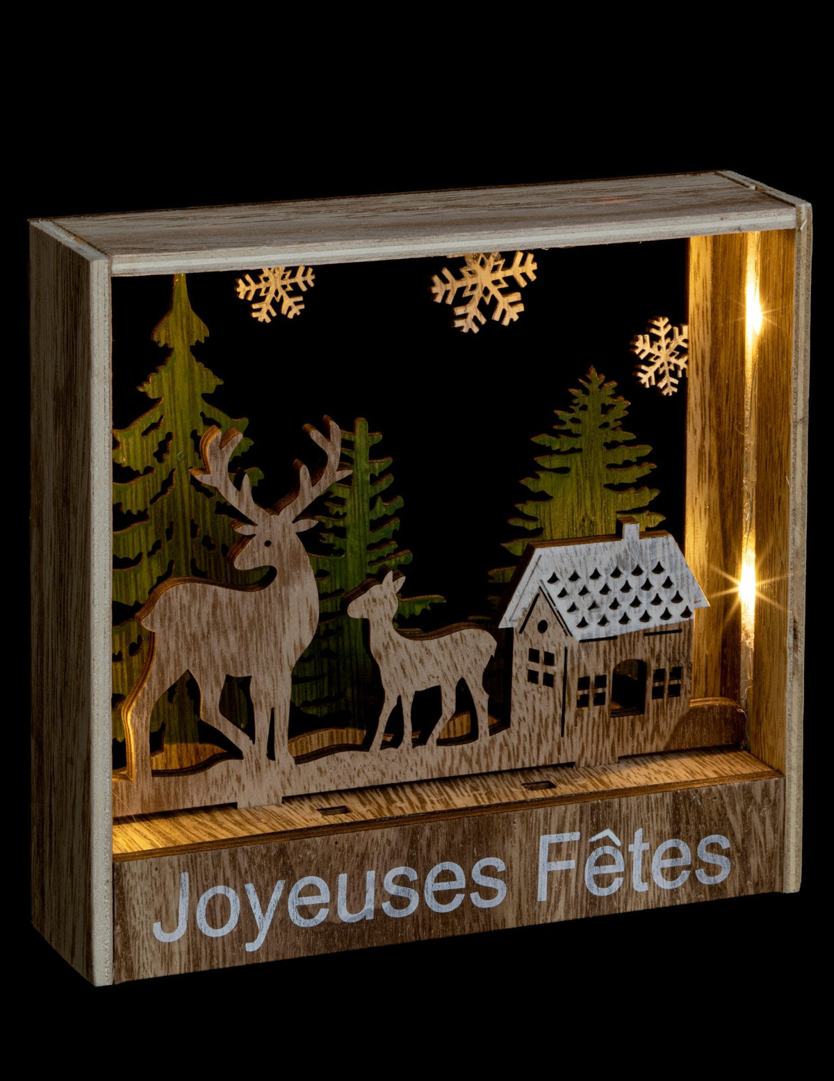 Décoration cadre lumineux à poser rennes en bois avec inscription Joyeuses Fêtes