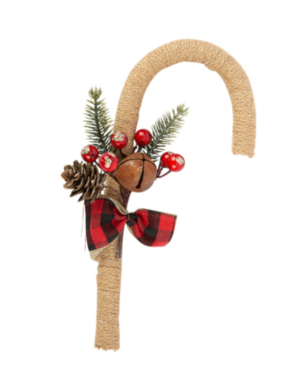 Décoration canne à sucre rustique pour Noël en jute avec nœud à carreaux rouges et noirs