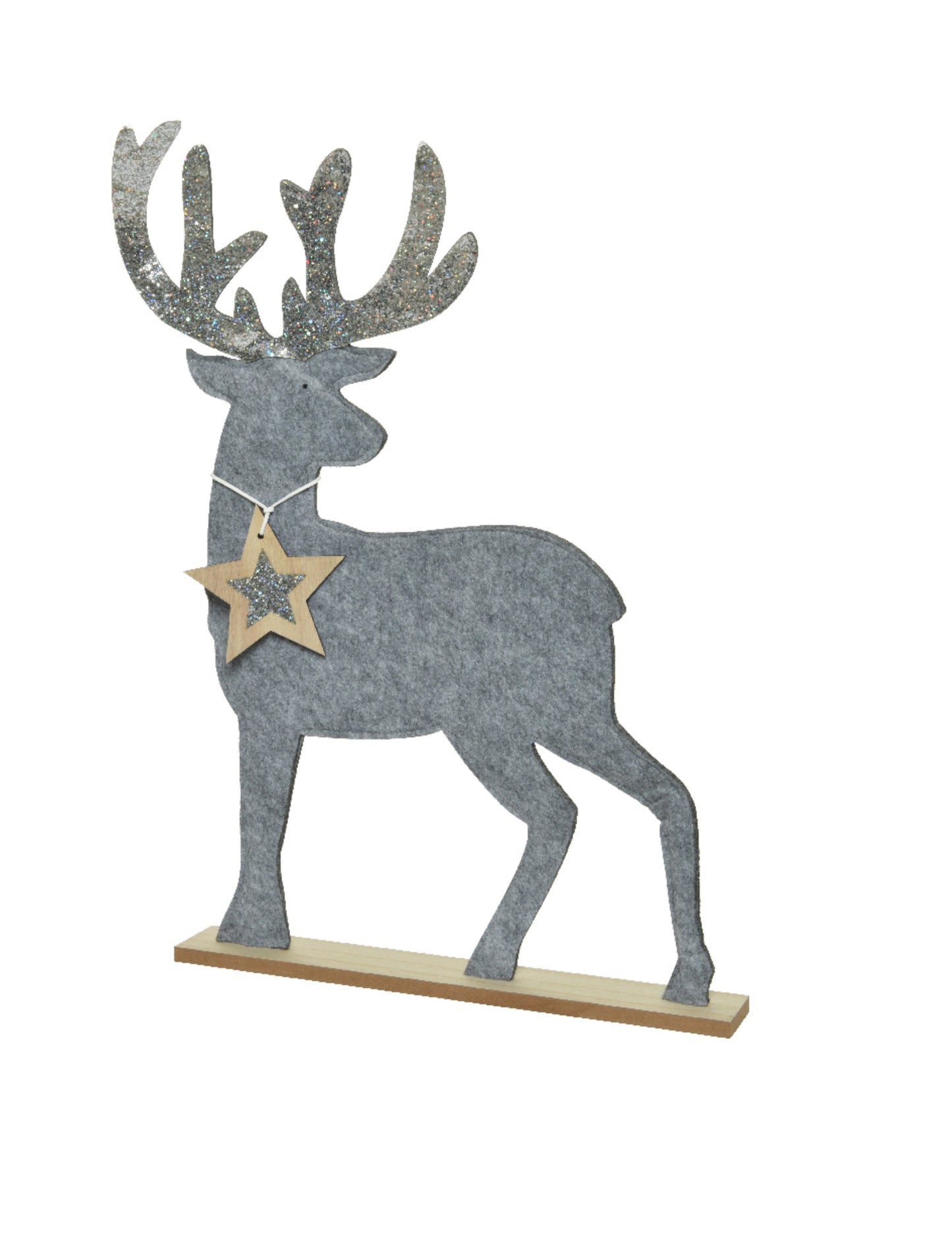 Srebrna bleščeča dekoracija z jelenom 40 cm na lesenem podstavku