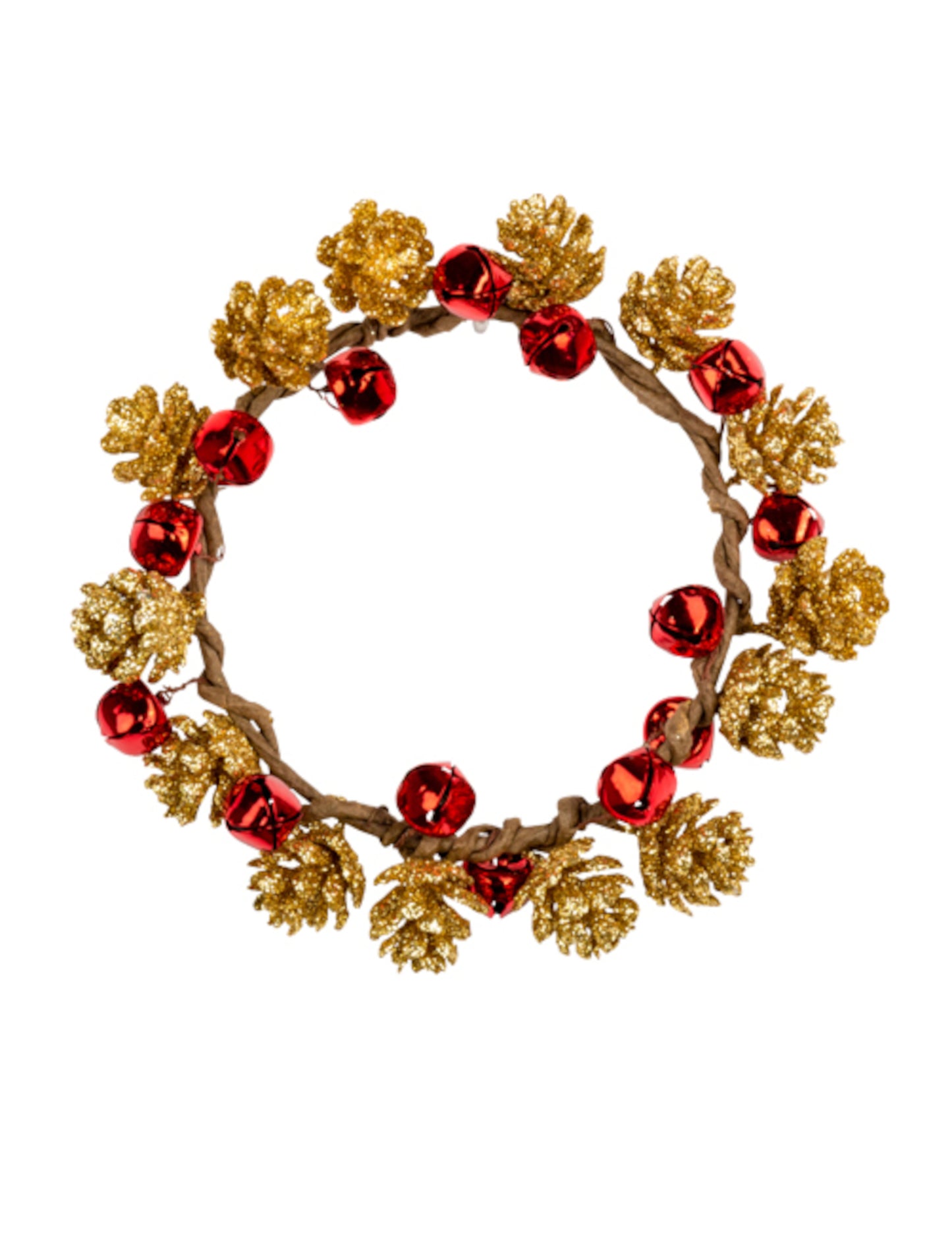 Okras iz venčka iz borovih storžev z zvončki, 13 cm, iz zvitega lesa