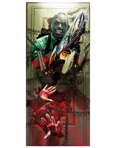Décoration de porte assassin pour Halloween sanglante avec tronçonneuse et chaînes