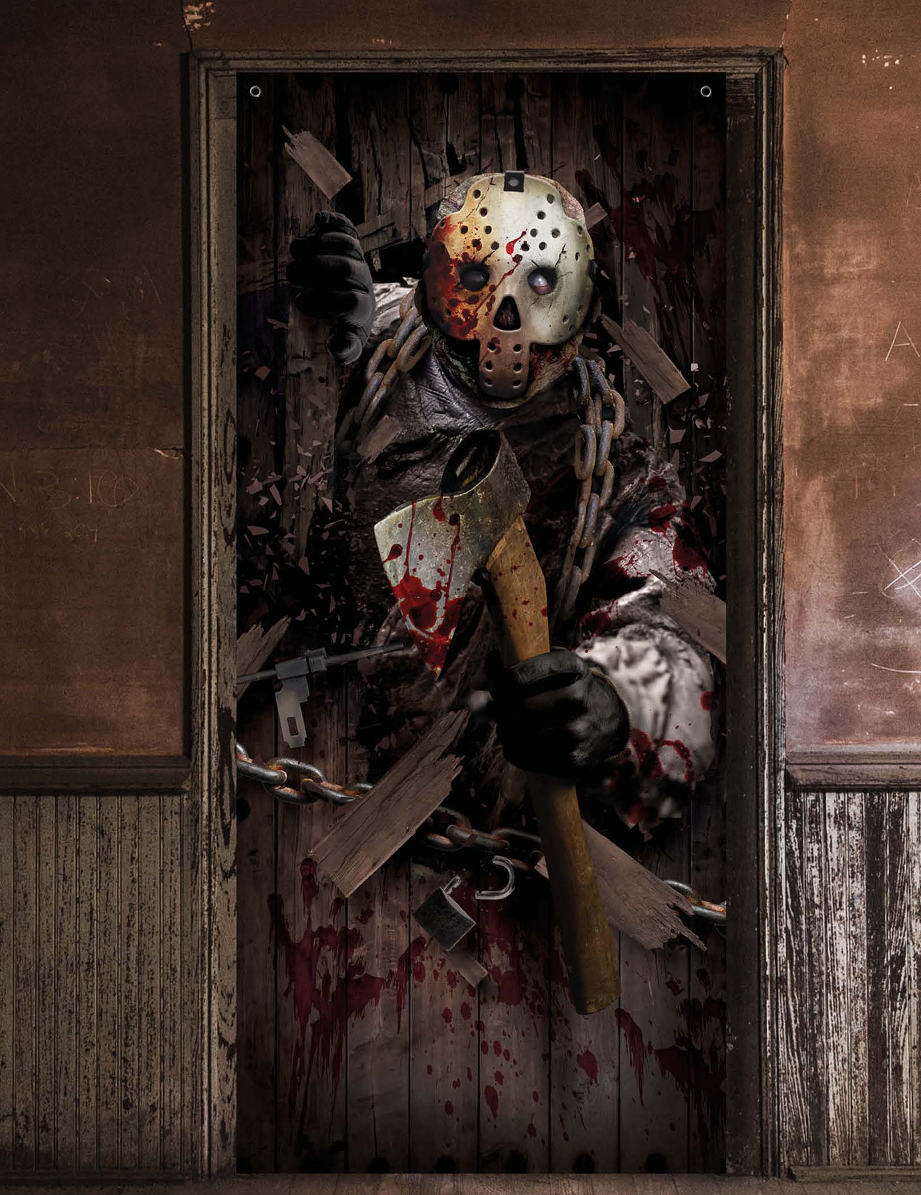 Décoration de porte assassin à la hâche marron et ensanglantée avec masque de hockey