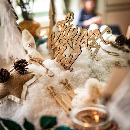 Décoration en bois Joyeux Noël pour table cuivre pailleté
