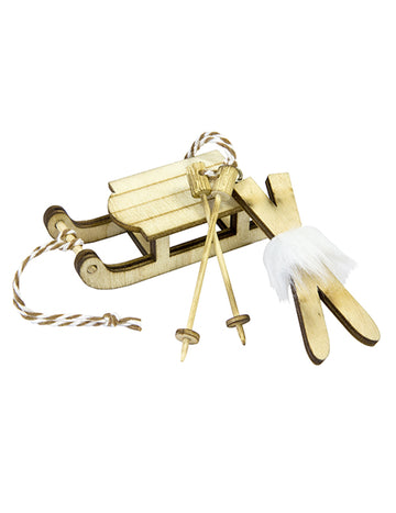 Lesena dekoracija sani in para smuči, 7,8 x 3 cm za božič