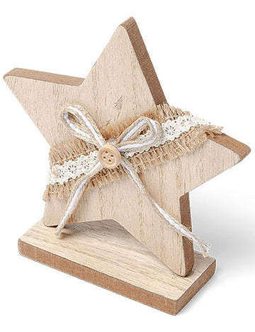 Lesena zvezda dekoracija z juto in čipko 13 cm 