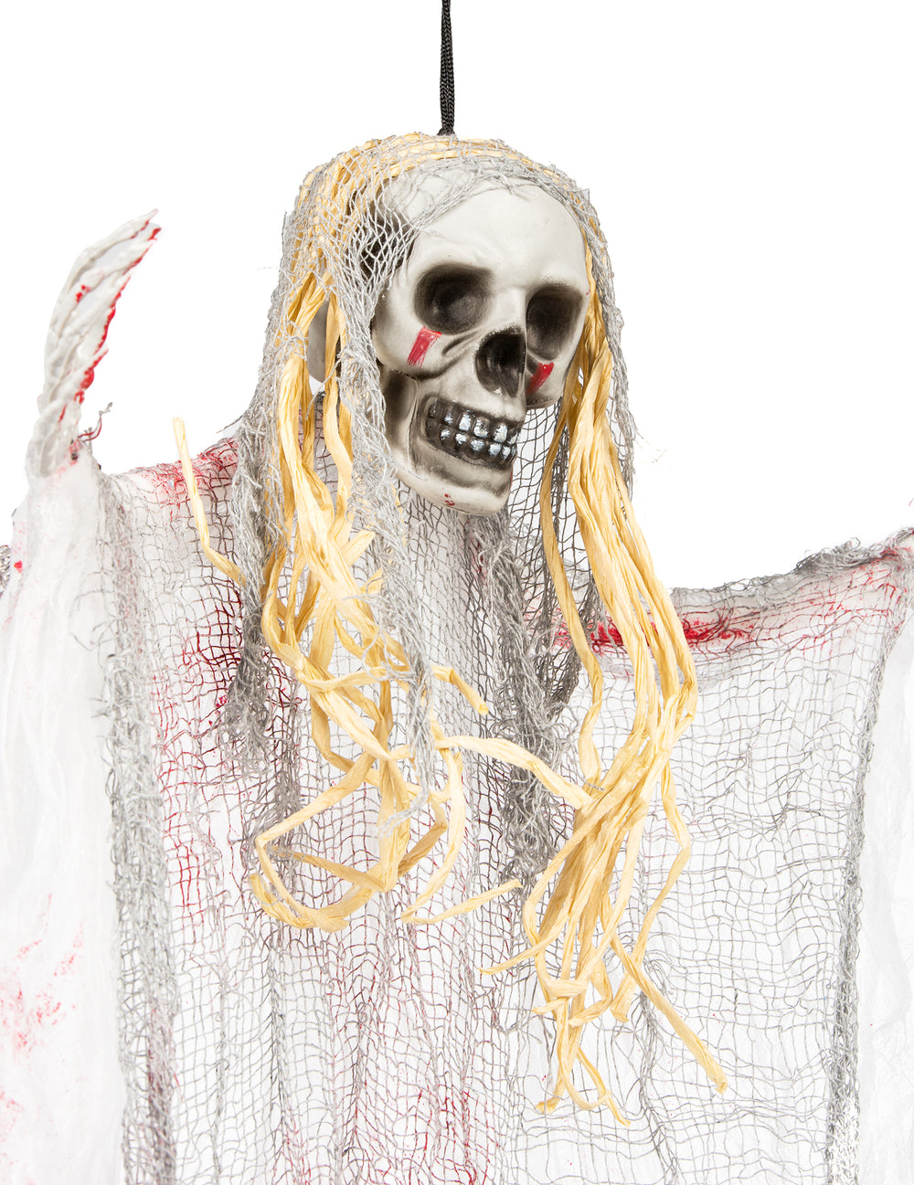 Détail du crâne et des cheveux de la décoration fantôme sanglant pour Halloween