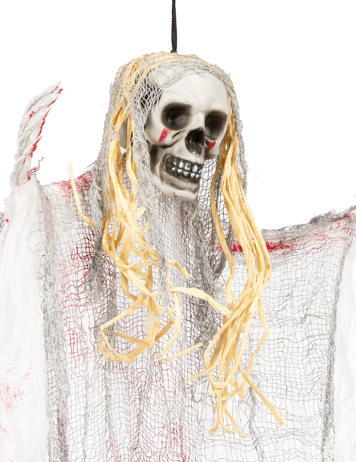 Détail du crâne et des cheveux de la décoration fantôme sanglant pour Halloween