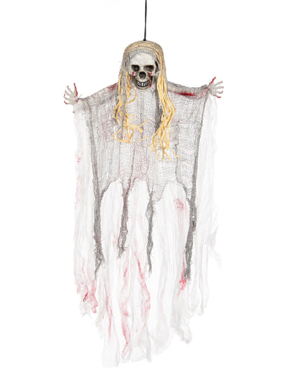 Okrasitev krvavega duha za Halloween v beli in sivi barvi, ki jo lahko obesite