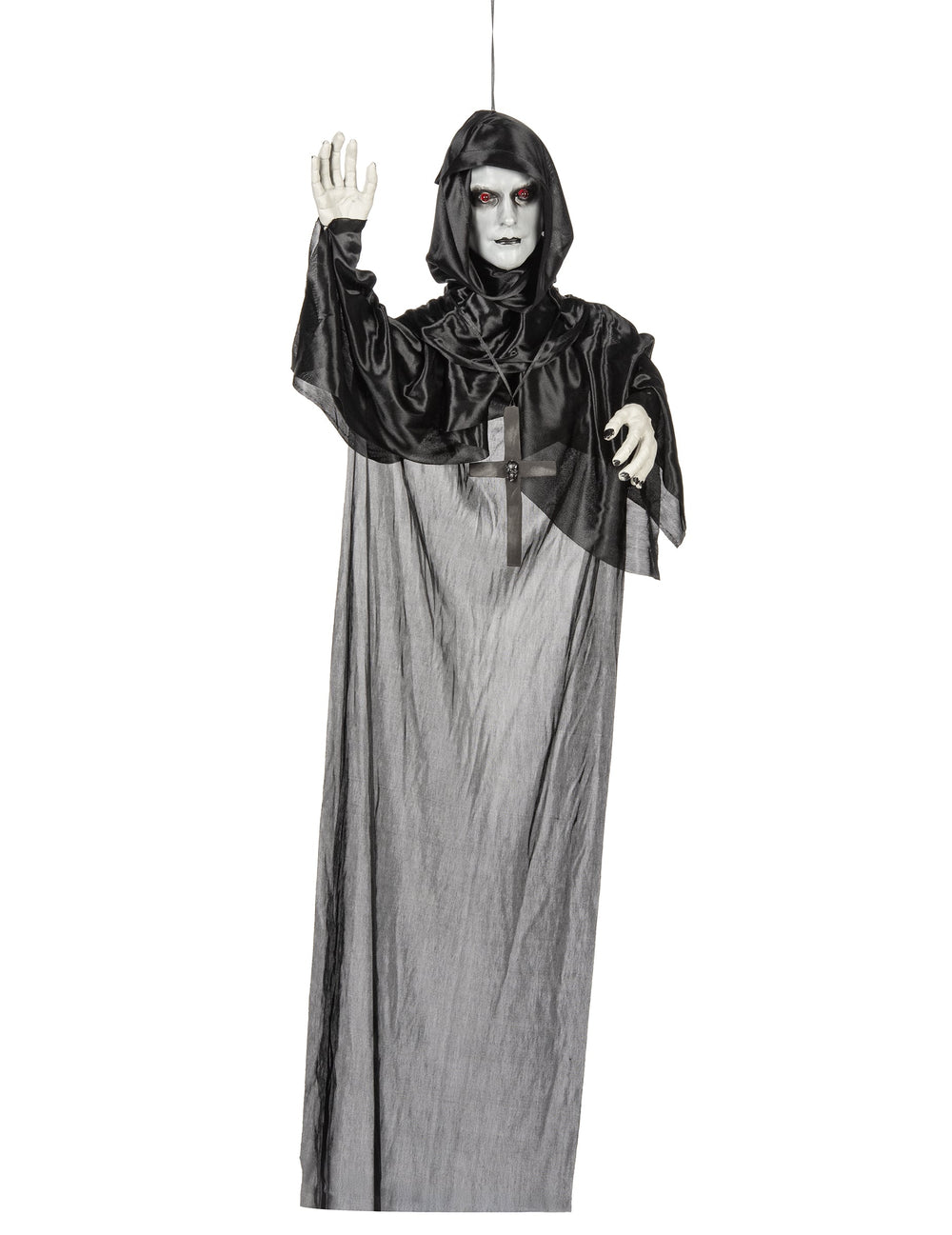 Décoration lumineuse moine suspendu pour Halloween noire et grise aux yeux rouges