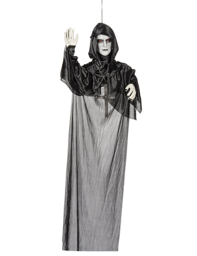 Décoration lumineuse moine suspendu pour Halloween noire et grise aux yeux rouges