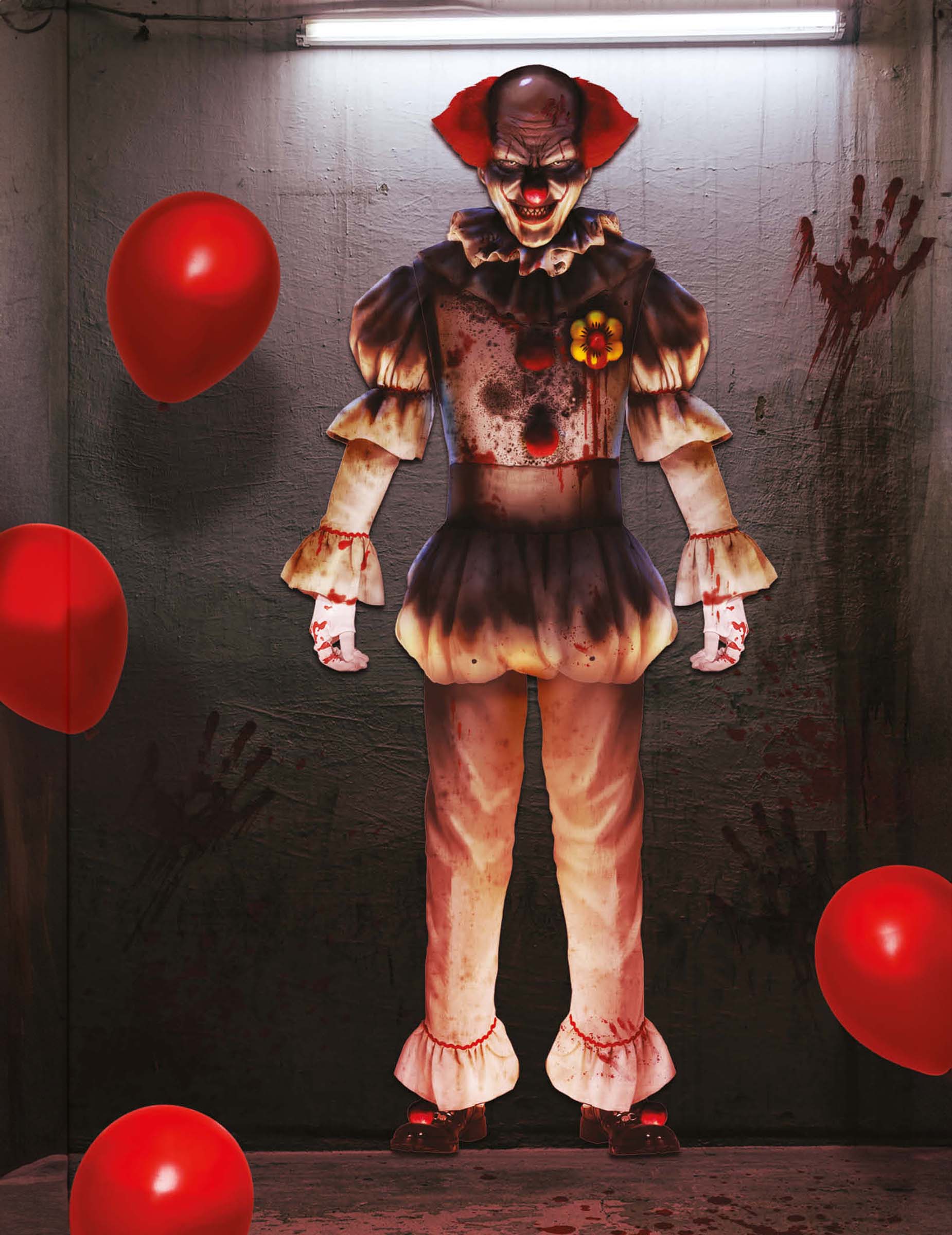 Décoration murale clown pour Halloween terrifiant beige ensanglanté avec ballons rouges