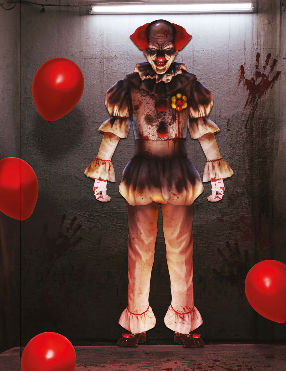 Décoration murale clown pour Halloween terrifiant beige ensanglanté avec ballons rouges
