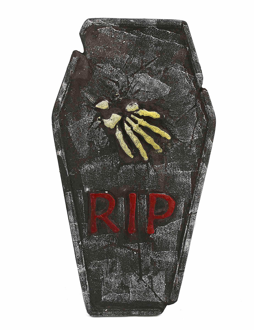 Décoration pierre tombale Halloween grise avec inscription RIP rouge et main de squelette