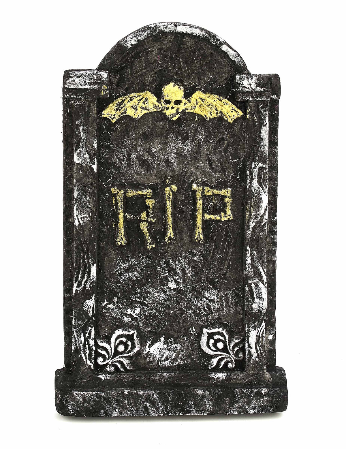 Décoration pierre tombale Halloween grise et dorée avec crâne ailé et inscription RIP
