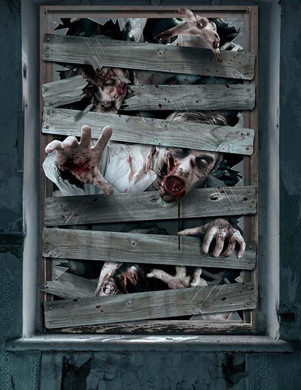 Décoration pour fenêtre zombies pour Halloween effet planches de bois ensanglantées