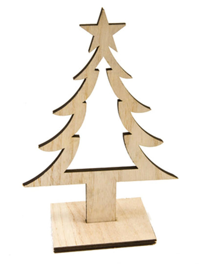 Décoration sapin de Noël en bois naturel avec étoile sur socle