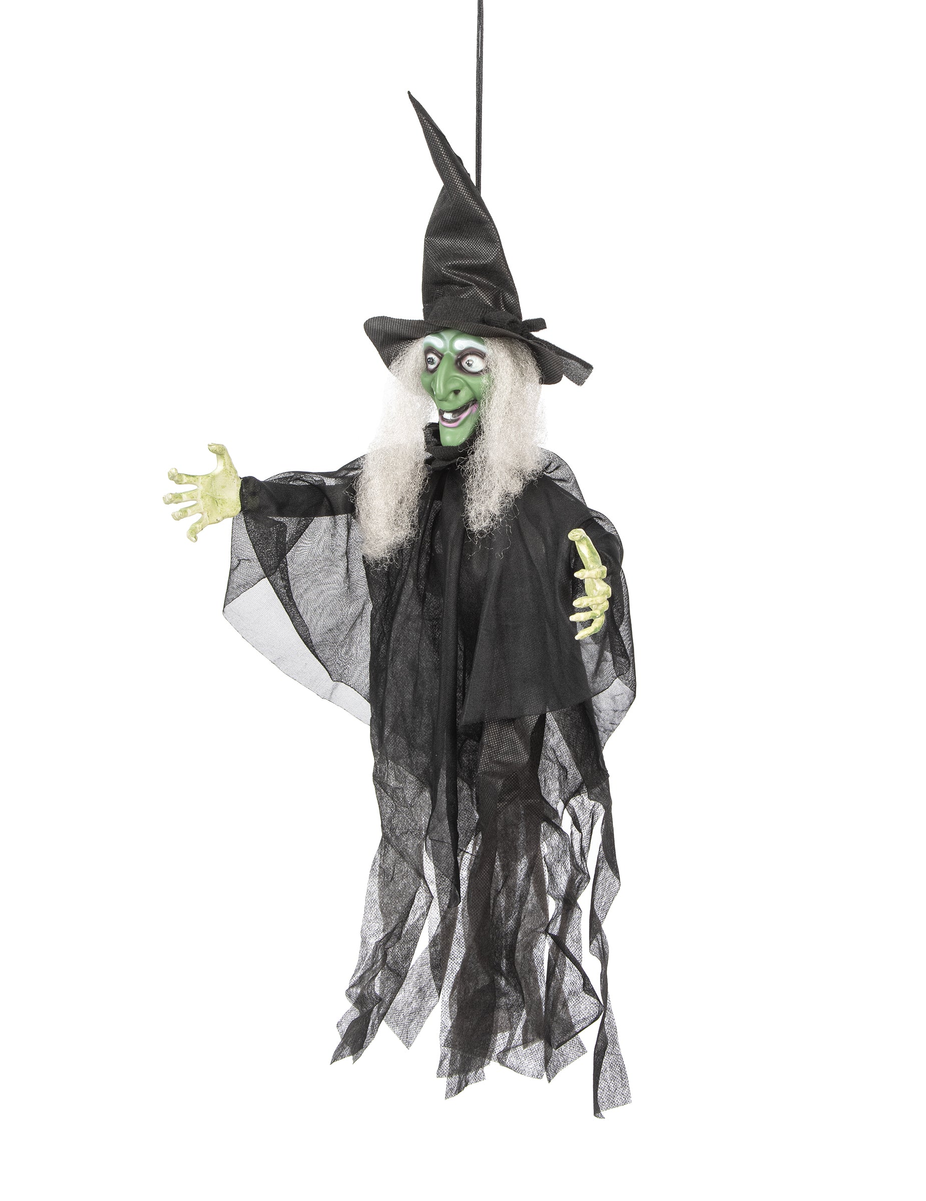 Vue de profil de la décoration sorcière animée lumineuse et parlante pour Halloween