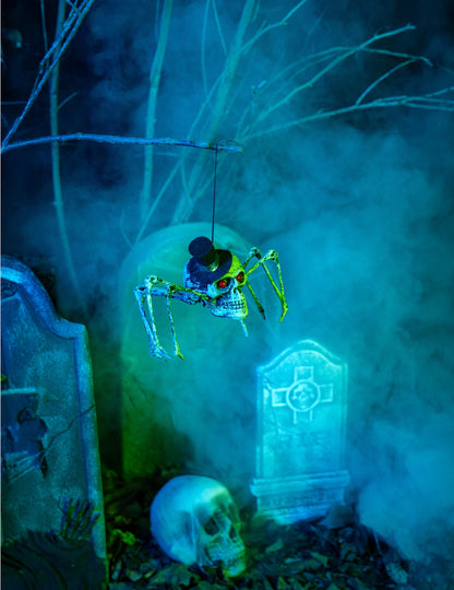 Mise en scène dans un décor de cimetière brumeux de la décoration squelette araignée Halloween