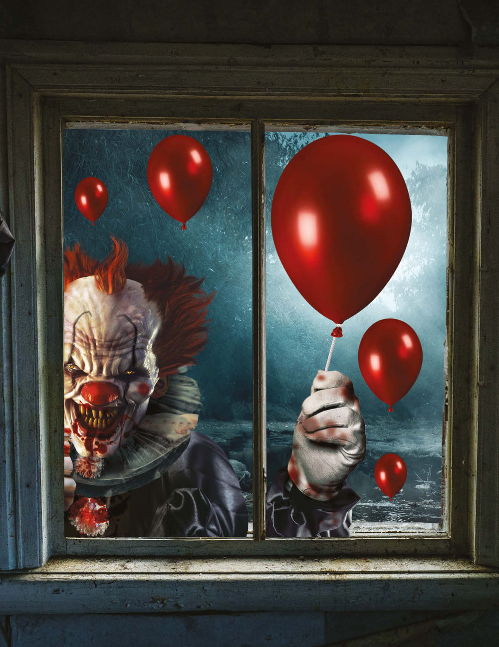Décorations pour fenêtre clown terrifiant pour Halloween avec ballons rouges