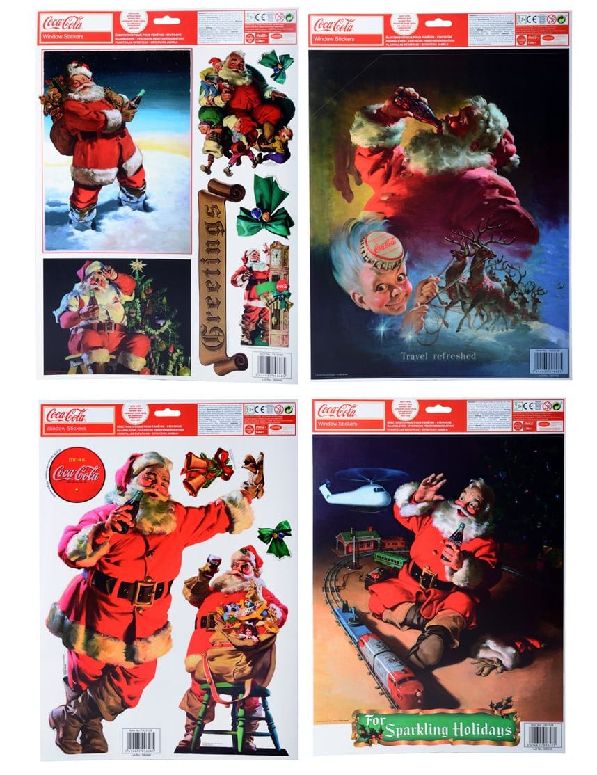 Décorations pour fenêtres Coca-Cola™ et Père Noël pour les fêtes avec visuels vintage rouge et blanc