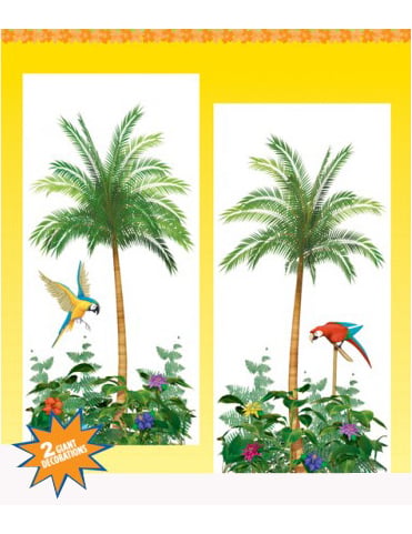 Décorations murales palmiers pour fête avec perroquets et fleurs exotiques
