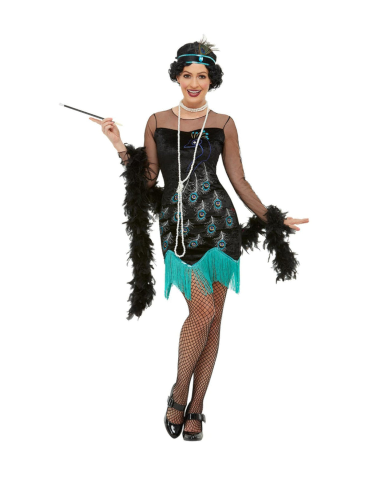 Déguisement années 20 paon pour femme noir avec motifs plumes et franges turquoises