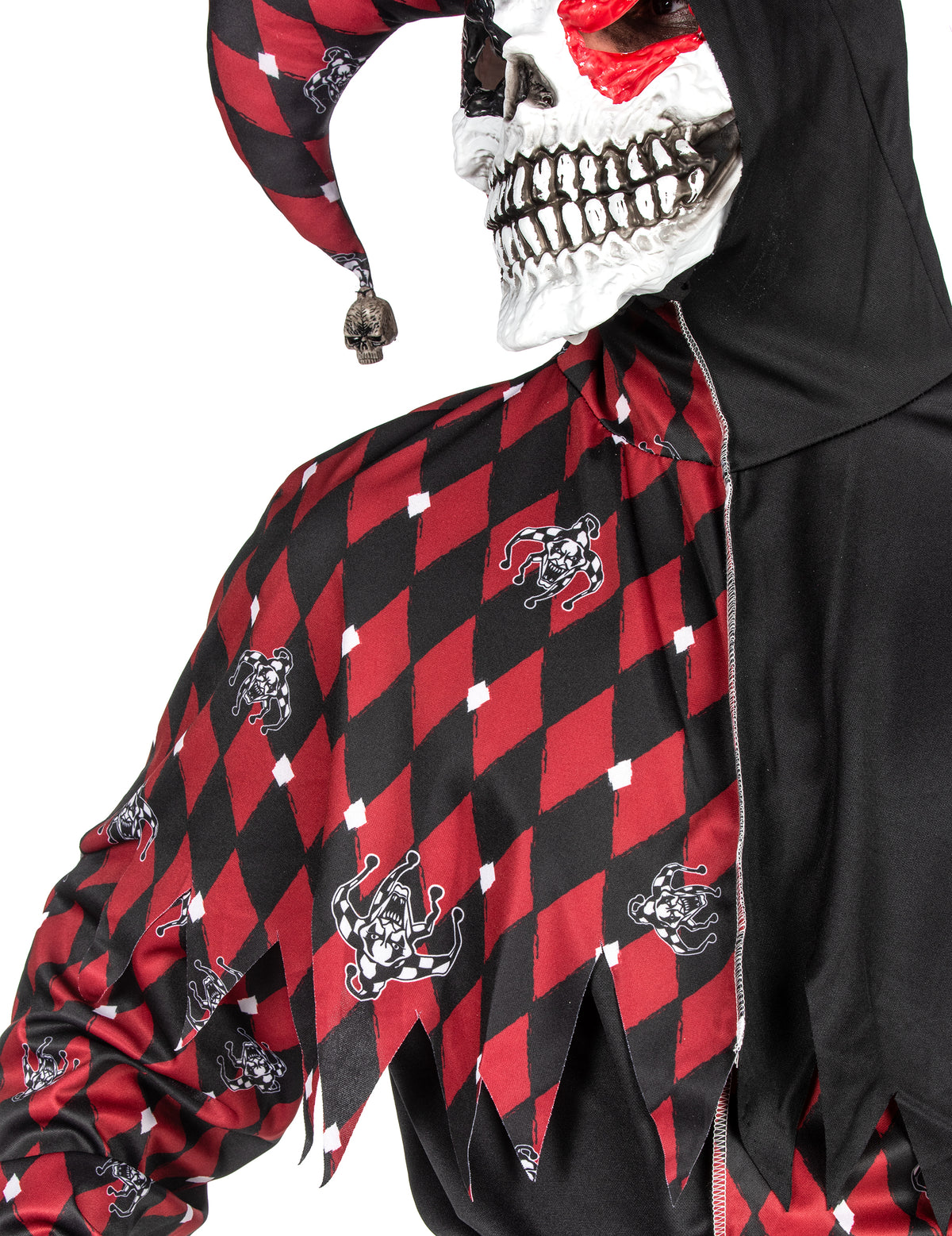 Détail du col à pointes et des motifs du déguisement Arlequin du mal luxe pour homme
