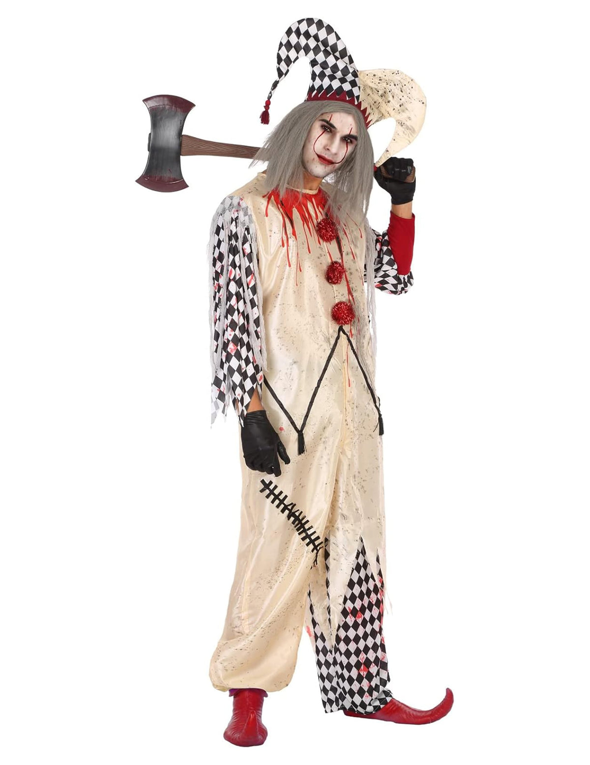 Déguisement arlequin ensanglanté pour homme beige et noir avec hache