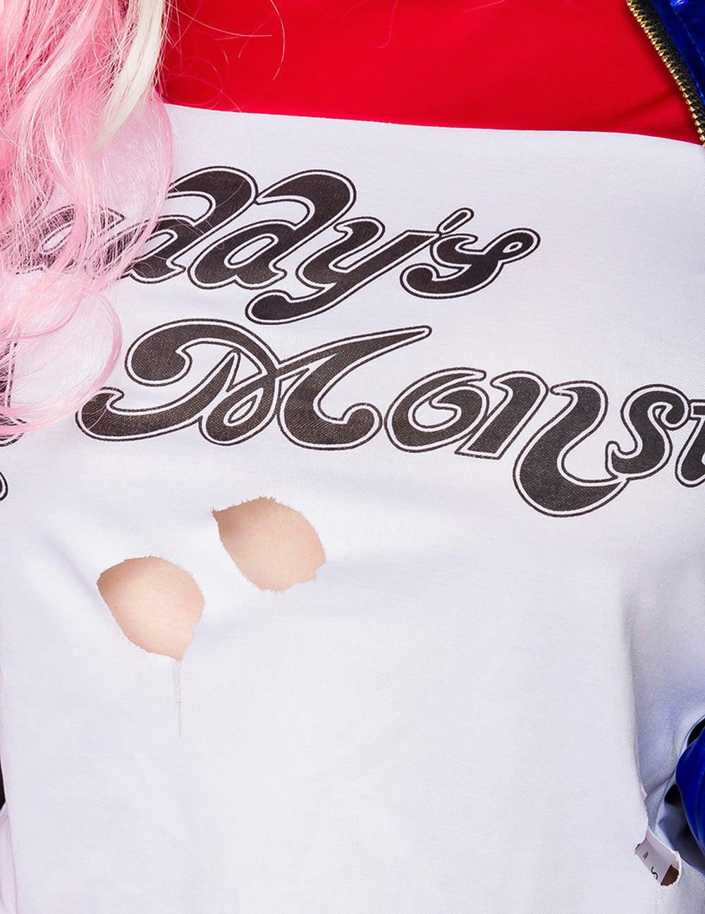 Déguisement arlequin fou sexy luxe pour femme blanc rouge et bleu avec inscription