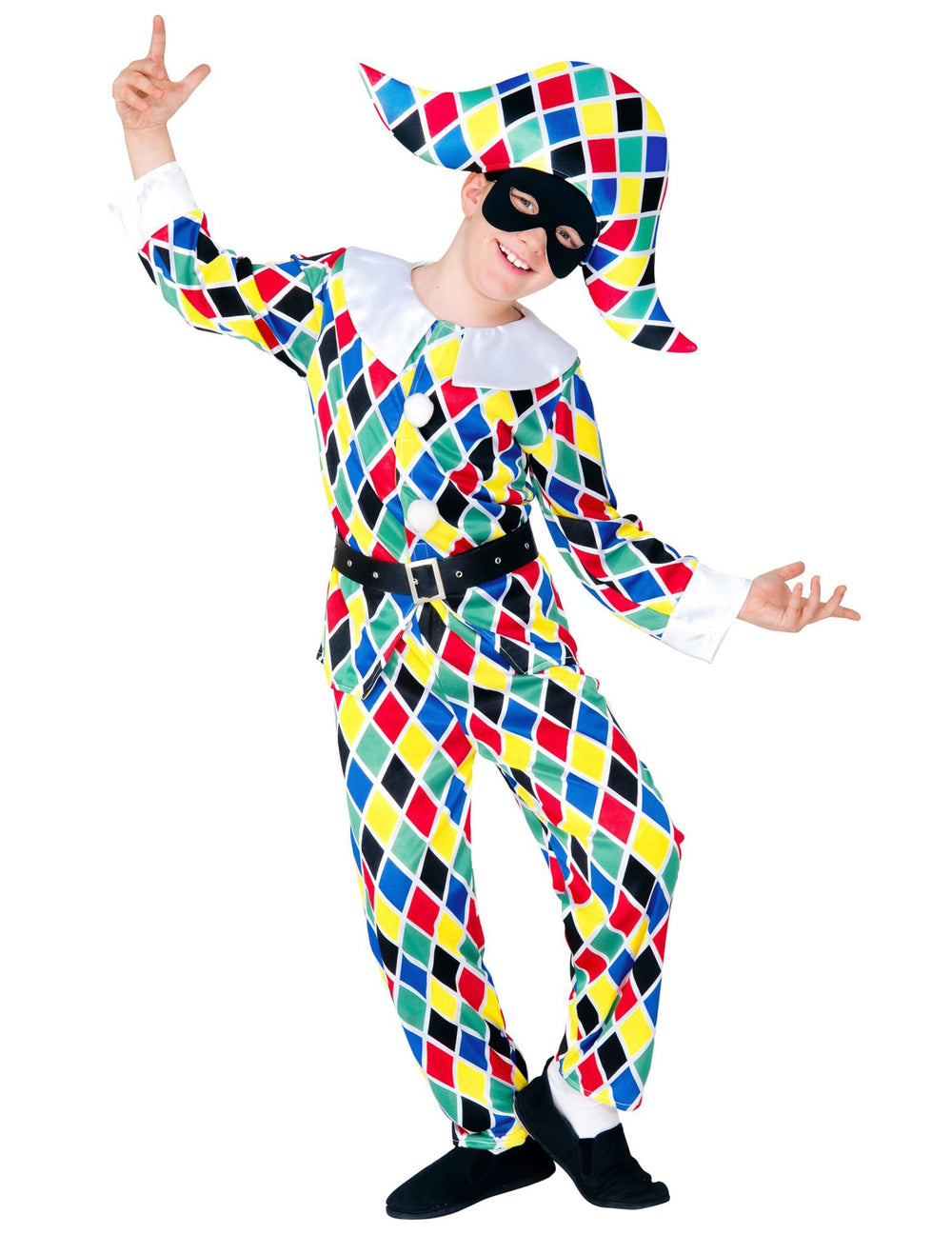 Déguisement arlequin pour enfant multicolore à losanges avec chapeau et loup noir