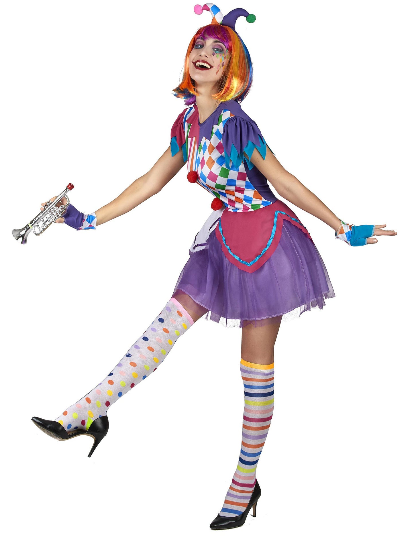 Harlequin kostum barviti pompomi ženska