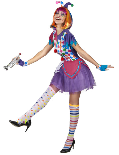 Harlequin kostum barviti pompomi ženska