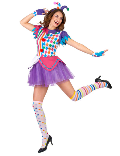 Harlequin kostum barviti pompomi ženska